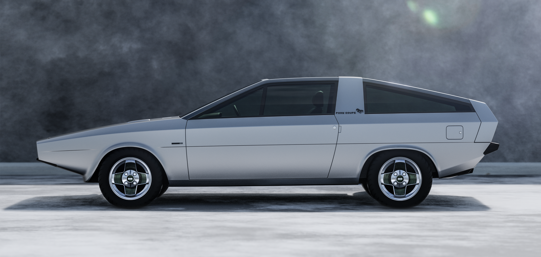 Side view of the Hyundai Pony Coupe Concept showcasing sleek design in a studio environment.