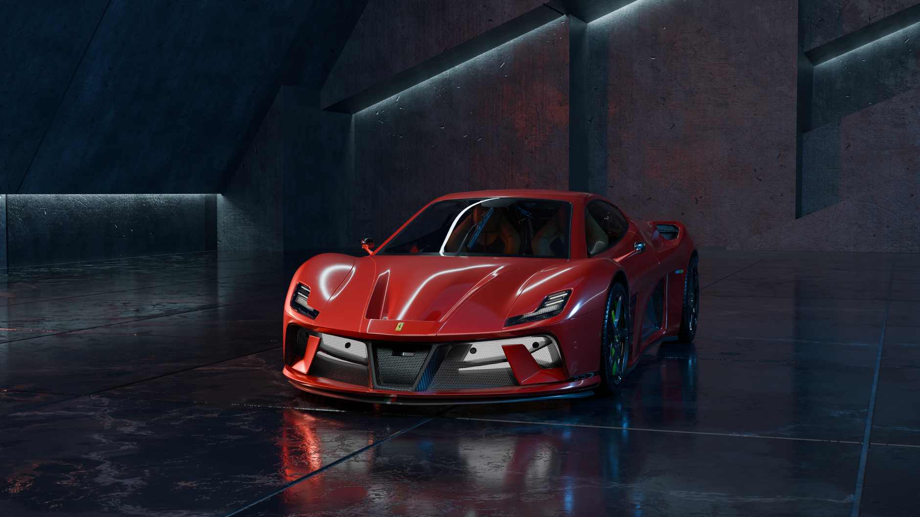 A stunning Ferrari SF90 Stradale showcased in a modern and sleek indoor setting, exuding luxury.